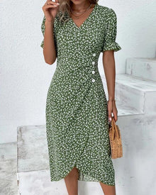 Quincy Summer Dress Women – Floral Dress with Short Sleeves and Elegant Button Closure