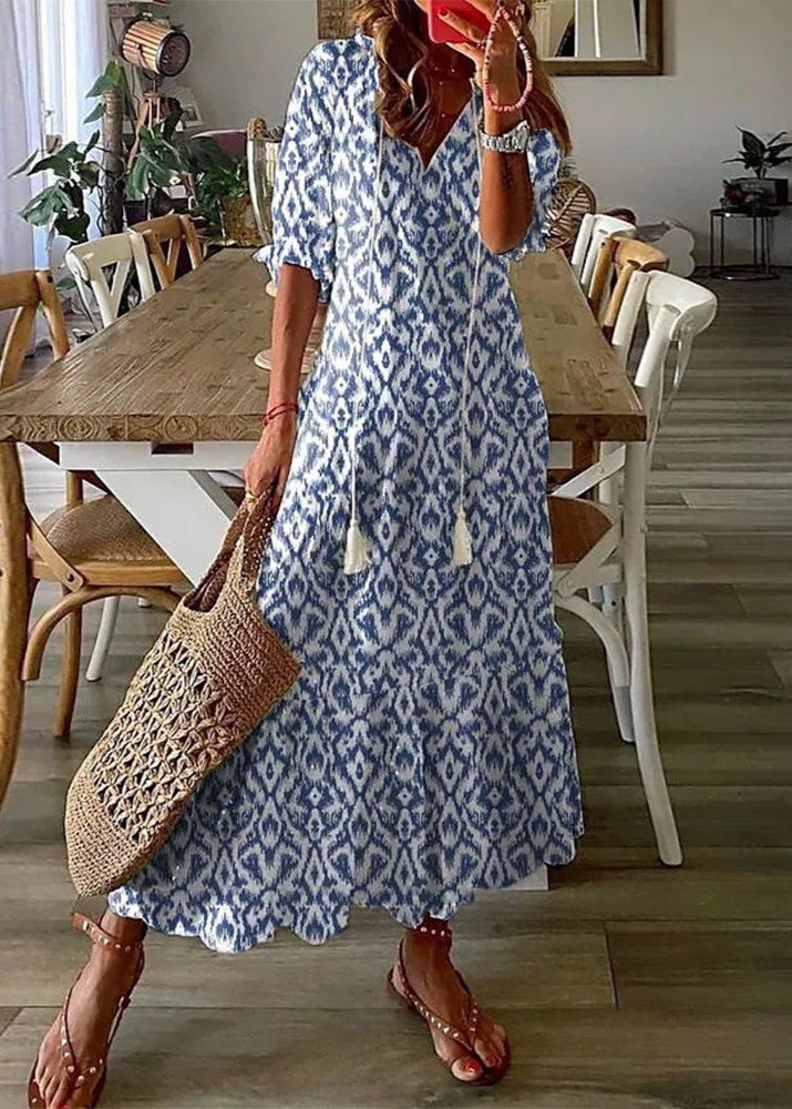 Kasey Summer Dress Woman – Long Light Dress with Floral Print, Waist Belt & Mid-length Sleeves