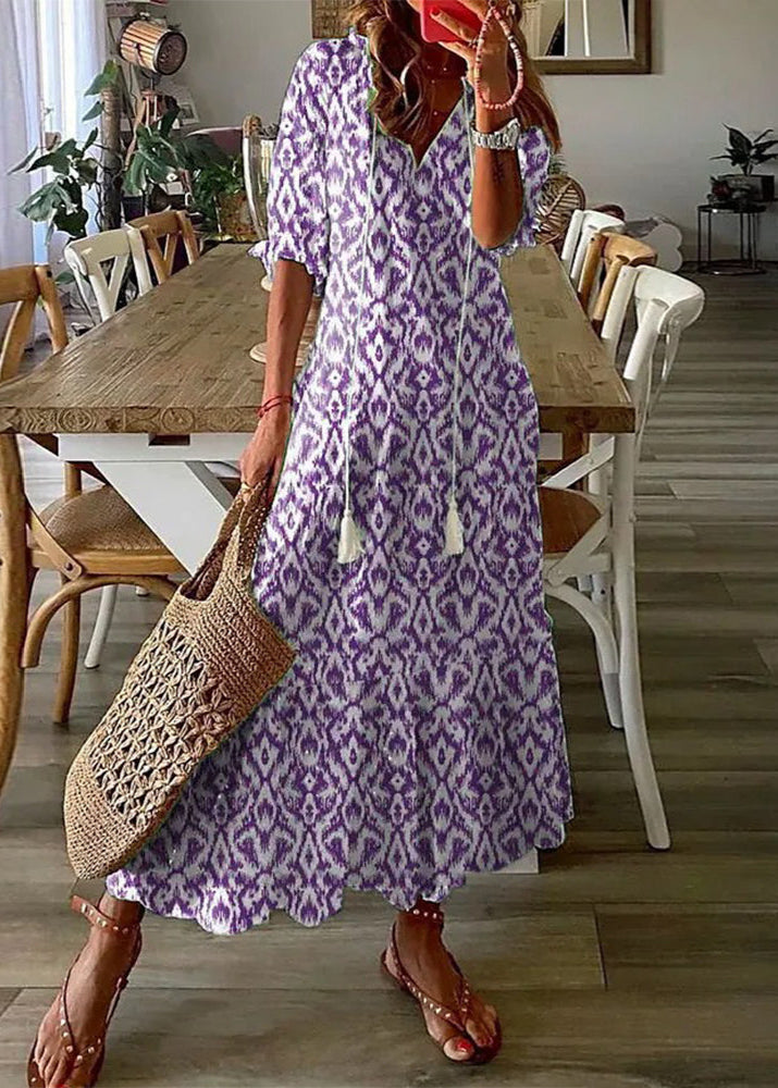 Kasey Summer Dress Woman – Long Light Dress with Floral Print, Waist Belt & Mid-length Sleeves