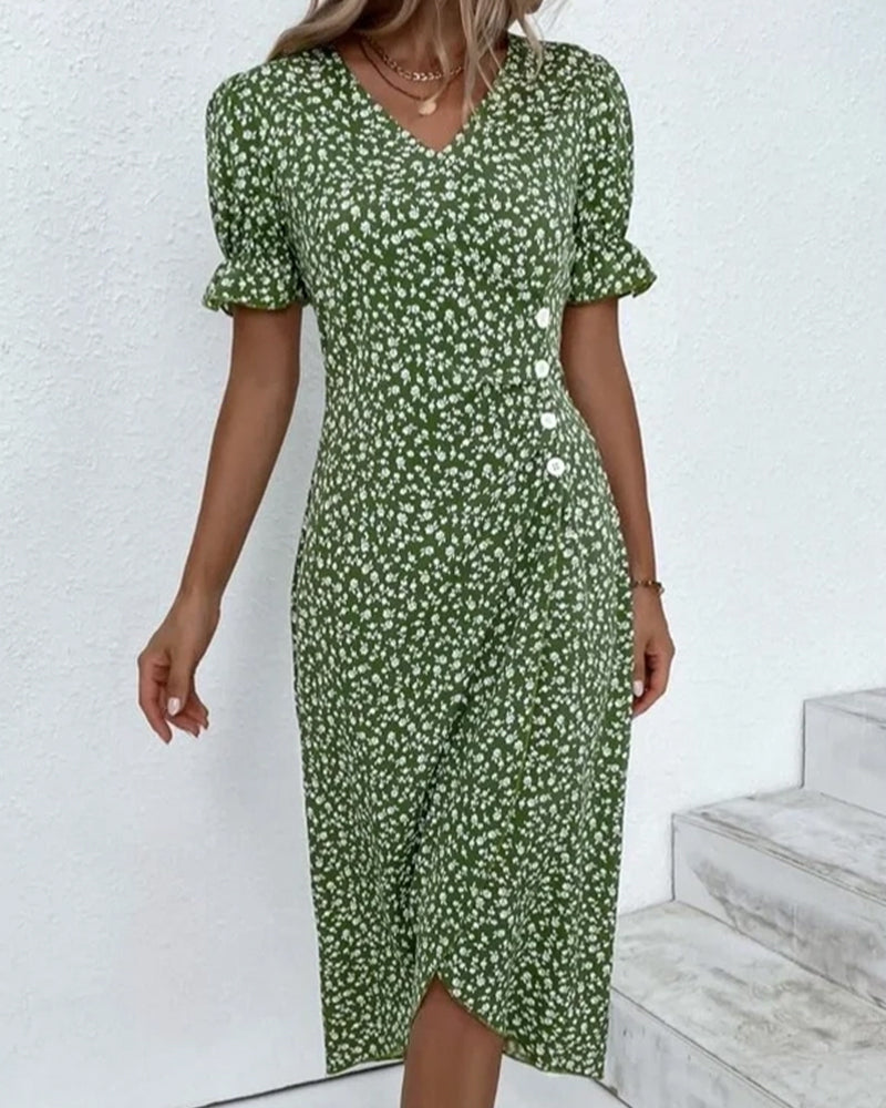 Quincy Summer Dress Women – Floral Dress with Short Sleeves and Elegant Button Closure