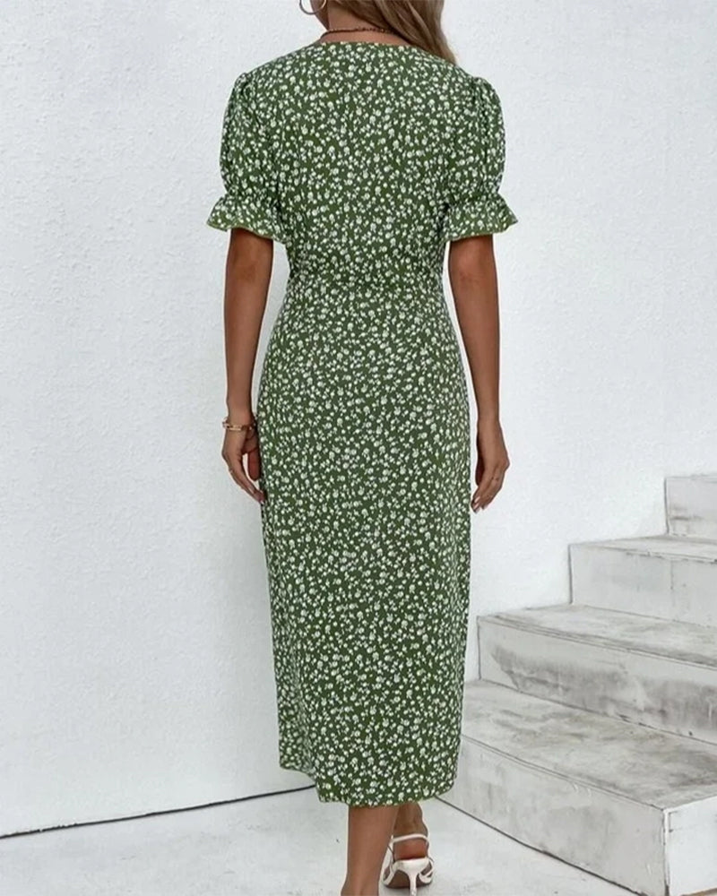 Quincy Summer Dress Women – Floral Dress with Short Sleeves and Elegant Button Closure