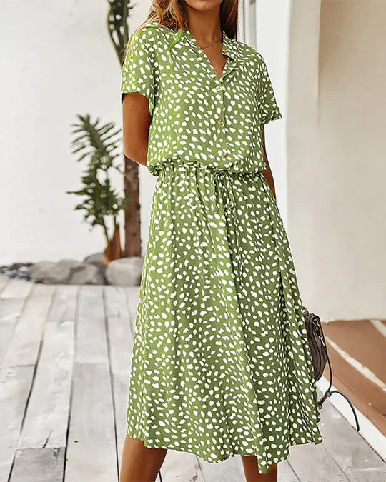 Robe Midi Femme Genevieve – Polka Dot Print with Fitted Waist for Casual and Daytime Events