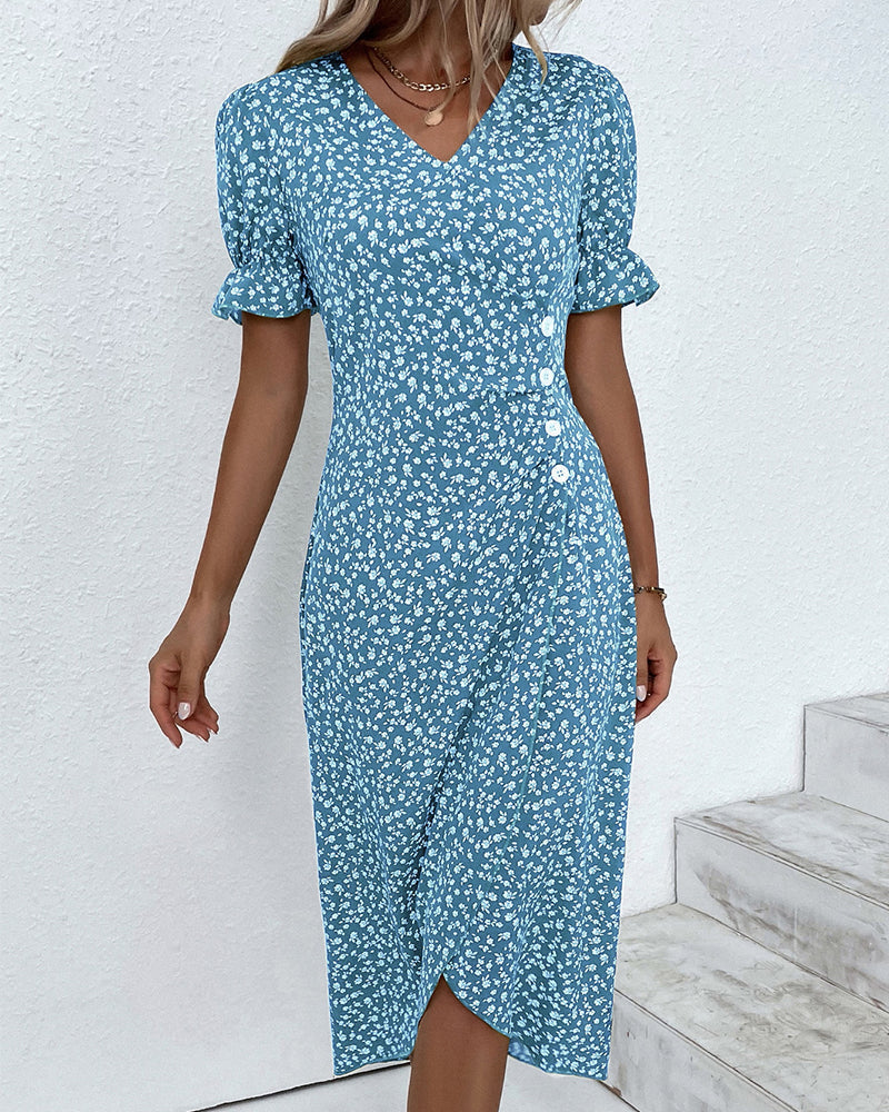 Quincy Summer Dress Women – Floral Dress with Short Sleeves and Elegant Button Closure