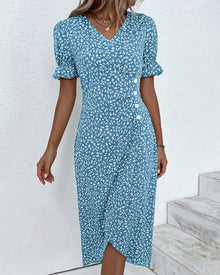 Quincy Summer Dress Women – Floral Dress with Short Sleeves and Elegant Button Closure