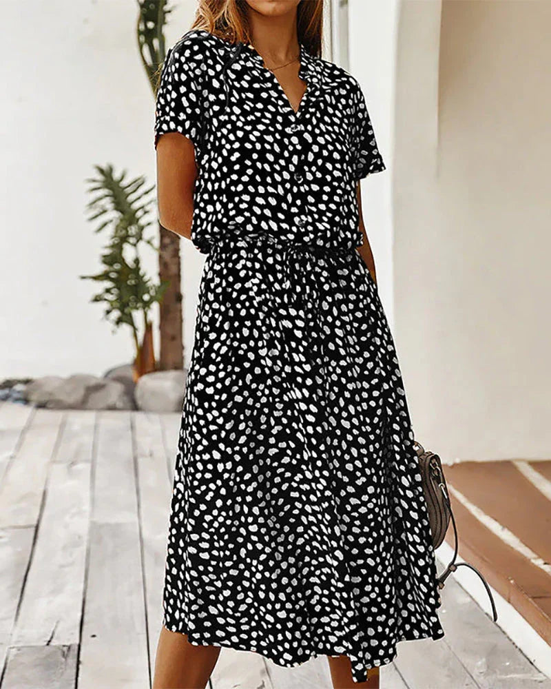 Robe Midi Femme Genevieve – Polka Dot Print with Fitted Waist for Casual and Daytime Events