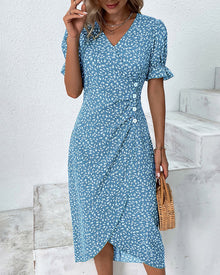 Quincy Summer Dress Women – Floral Dress with Short Sleeves and Elegant Button Closure
