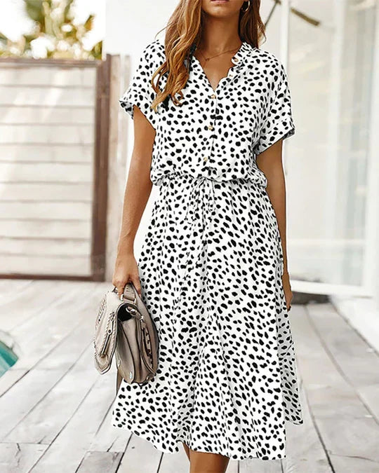 Robe Midi Femme Genevieve – Polka Dot Print with Fitted Waist for Casual and Daytime Events