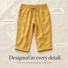 Loravie – Eyelet Trim Cotton-Linen-like Capri Pants with Drawstring Waist