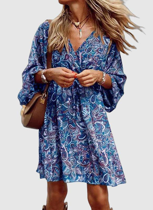 Edith Bohemian Dress Woman – Paisley Print, 3/4 Flared Sleeves & Fluid Cut