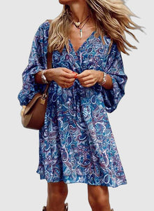 Edith Bohemian Dress Woman – Paisley Print, 3/4 Flared Sleeves & Fluid Cut