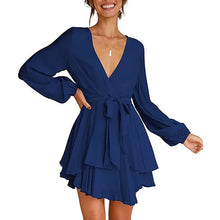 Cléo Short Women's Dress – Flared Dress with V-Neck, Belt & Long Sleeves