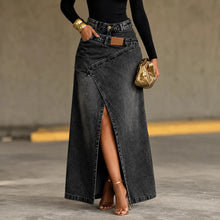 Saviera – Asymmetric Layered Denim Maxi Skirt with High Front Slit