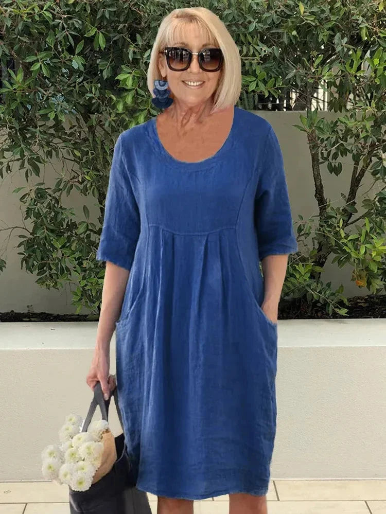 Dorothy Robe Femme – Solid Cotton-Linen Midi Tunic with Practical Pockets & Casual Style