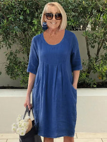 Dorothy Robe Femme – Solid Cotton-Linen Midi Tunic with Practical Pockets & Casual Style