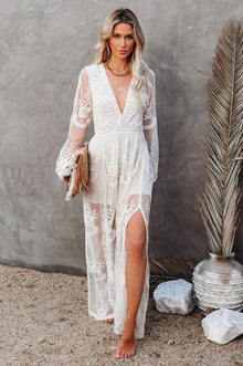 Delilah Long Dress Women – Bohemian Summer Dress with Lace, Deep V Neckline & High Slit