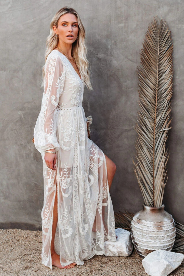 Long Dress Women Nemia – White Bohemian Lace Dress with Deep V-neck & High Slit