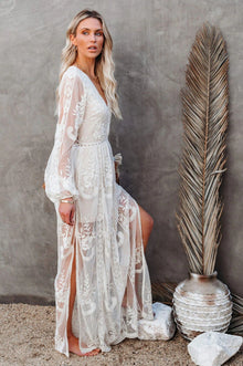 Delilah Long Dress Women – Bohemian Summer Dress with Lace, Deep V Neckline & High Slit