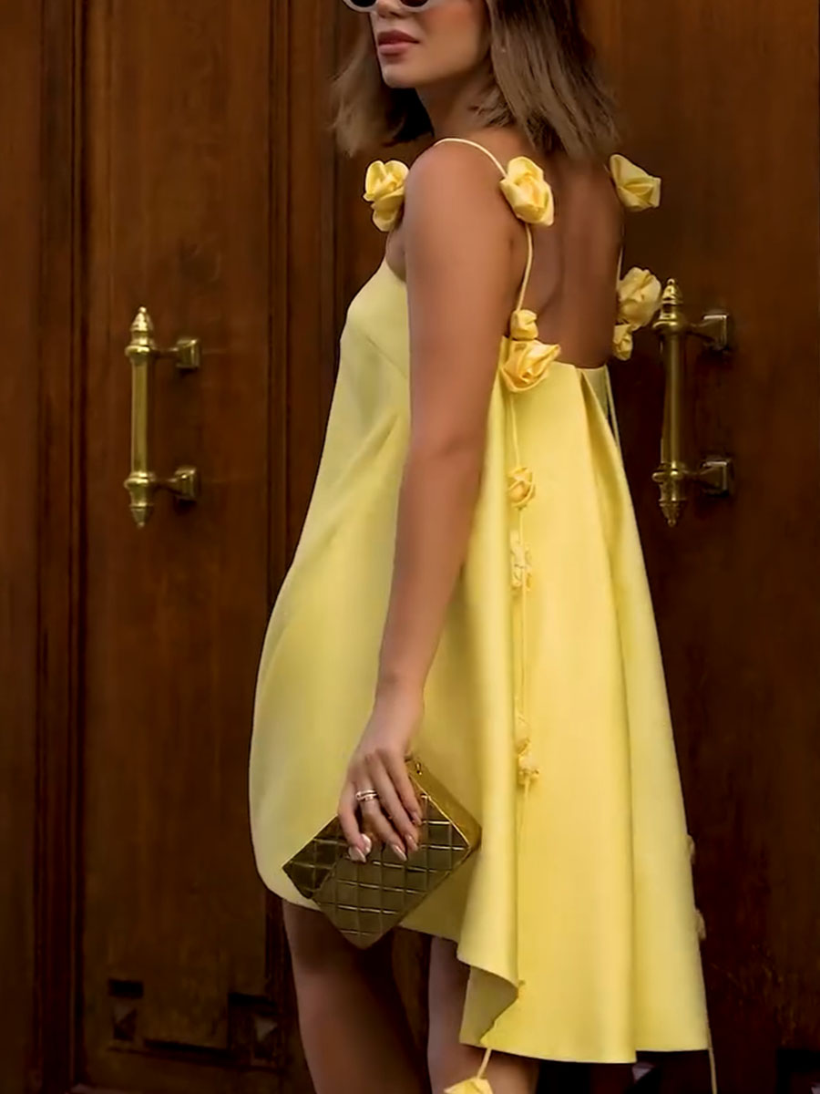 Genesis Summer Dress Women – Yellow Cotton Dress A-Line Cut with Floral Straps & Light Cut