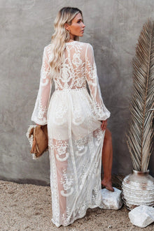 Long Dress Women Nemia – White Bohemian Lace Dress with Deep V-neck & High Slit