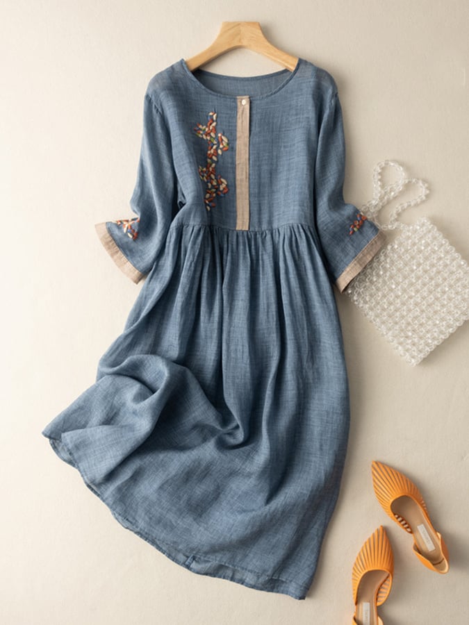 Zara Women's Dress – Embroidered Dress in Cotton and Linen with Ethnic Design & Comfortable Fit