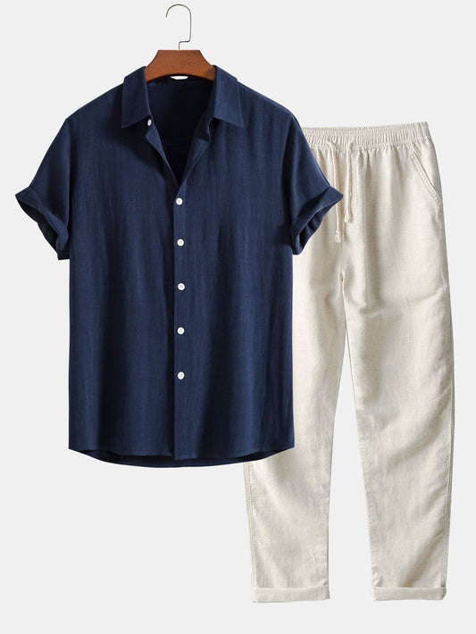 Linnen Rayon Mix Knopen Shirt & Rechte Pijpen Linnen Broek