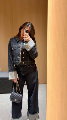Bea Denim Set Women – Short Jacket & Wide Jeans with Contrasting Cuffs for a Trendy Look