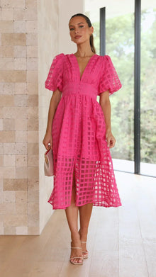 Mylene Midi Dress Woman – Chic Checkered Dress with Volume & Bright Color