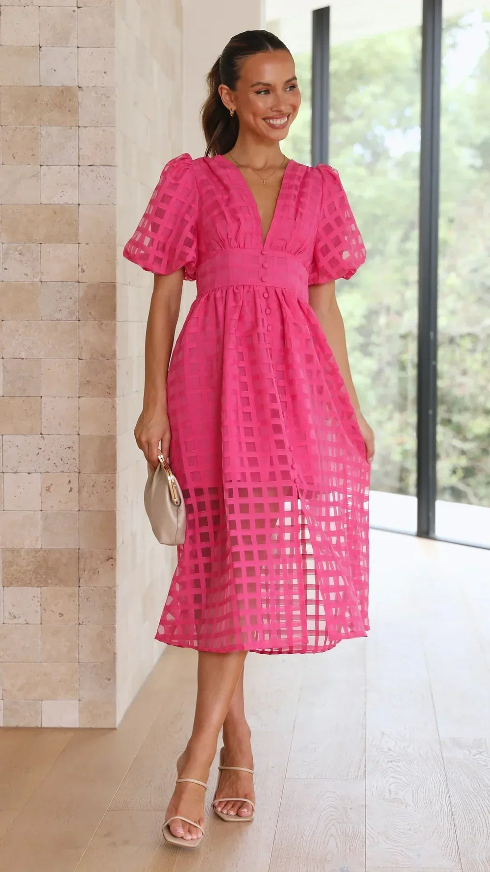 Mylene Midi Dress Woman – Chic Checkered Dress with Volume & Bright Color