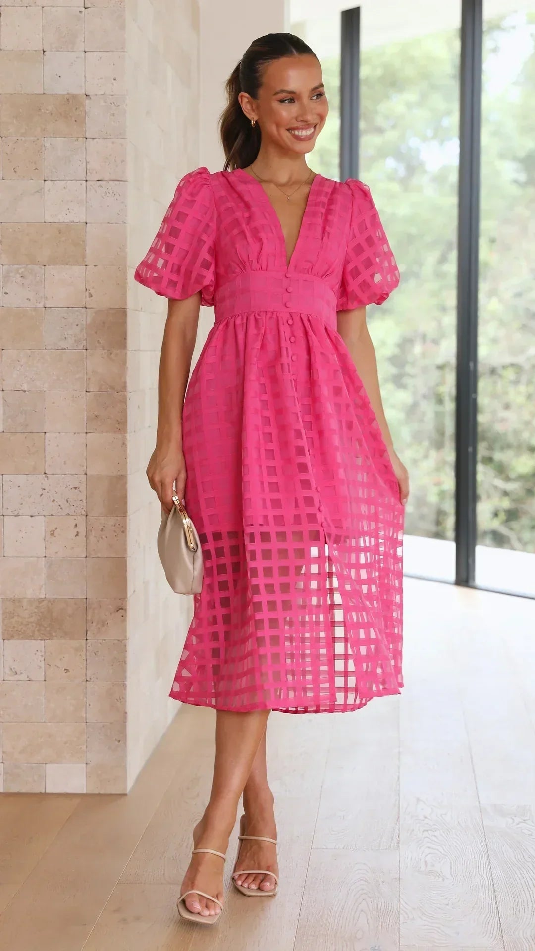 Mylene Midi Dress Woman – Chic Checkered Dress with Volume & Bright Color