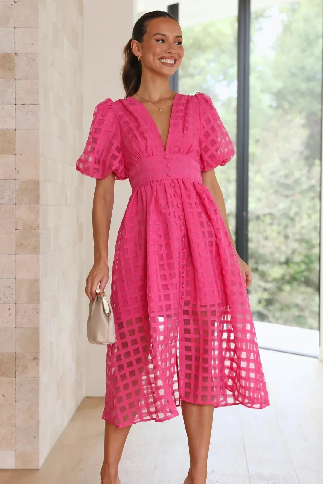 Mylene Midi Dress Woman – Chic Checkered Dress with Volume & Bright Color