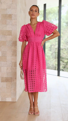 Mylene Midi Dress Woman – Chic Checkered Dress with Volume & Bright Color