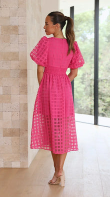 Mylene Midi Dress Woman – Chic Checkered Dress with Volume & Bright Color