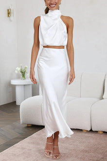 Annie Satin Set Woman – Elegant 2 Pieces Set with Long Sleeve Top & High Waist Flowing Pants