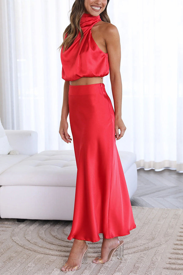 Annie Satin Set Woman – Elegant 2 Pieces Set with Long Sleeve Top & High Waist Flowing Pants
