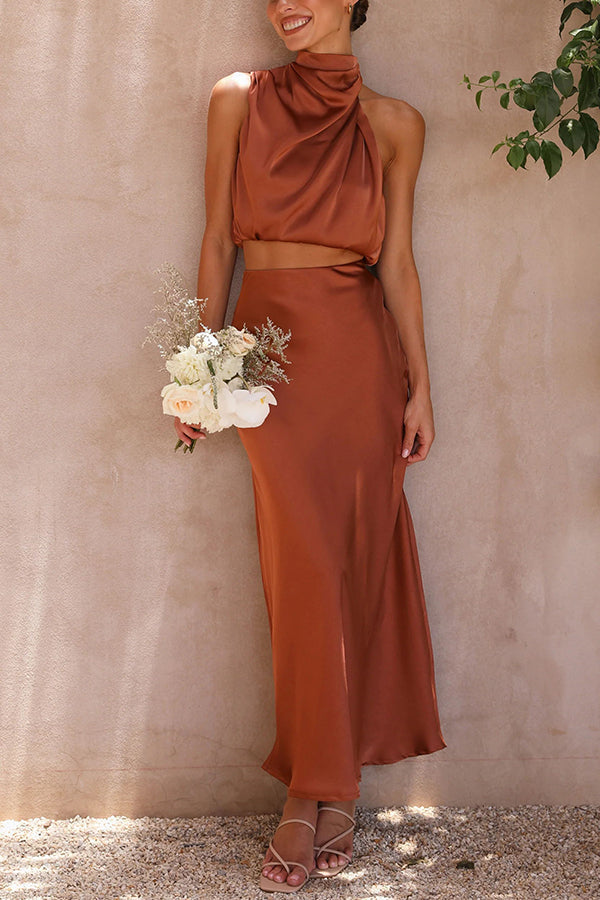 Annie Satin Set Woman – Elegant 2 Pieces Set with Long Sleeve Top & High Waist Flowing Pants