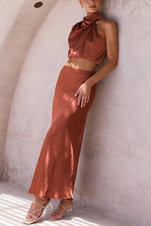 Annie Satin Set Woman – Elegant 2 Pieces Set with Long Sleeve Top & High Waist Flowing Pants