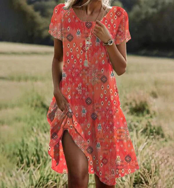 Aria Robe Midi Femme – Orange Dress with Short Sleeves, Round Neck & Elegant Comfort
