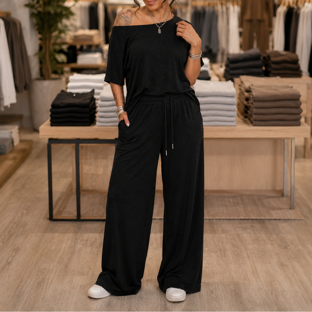 Draperline – Off-Shoulder Asymmetrical Top And Wide-Leg Pants Set