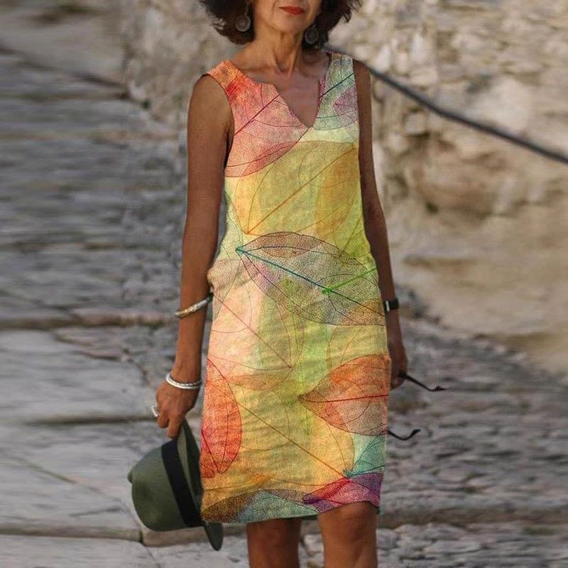 Liorah Summer Dress Women – Sleeveless Dress with Autumn Print, V-Neck & Elegant Flared Cut