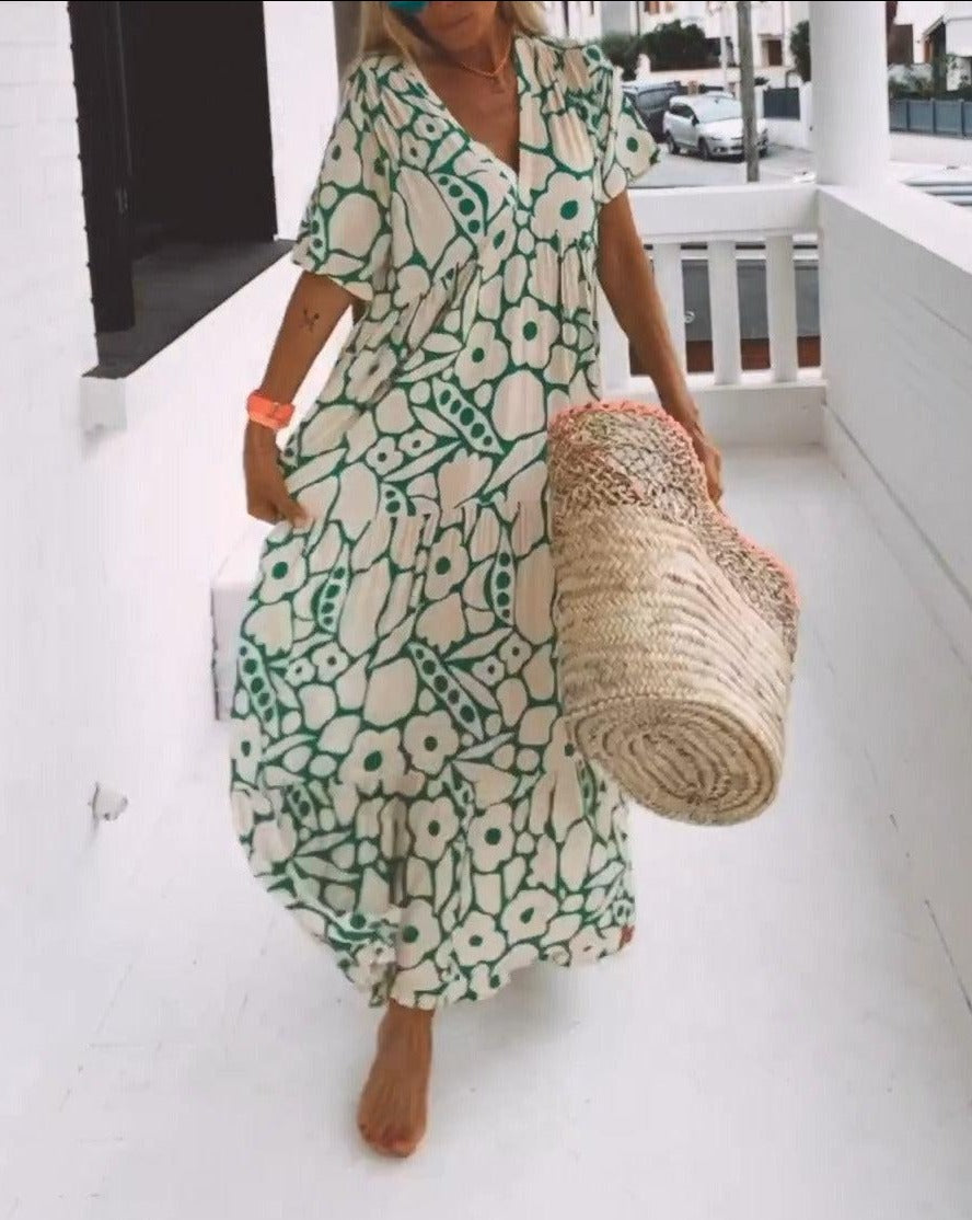 Ester Long Floral Dress Woman – Short Ruffled Sleeves & Summer Cream Green Print