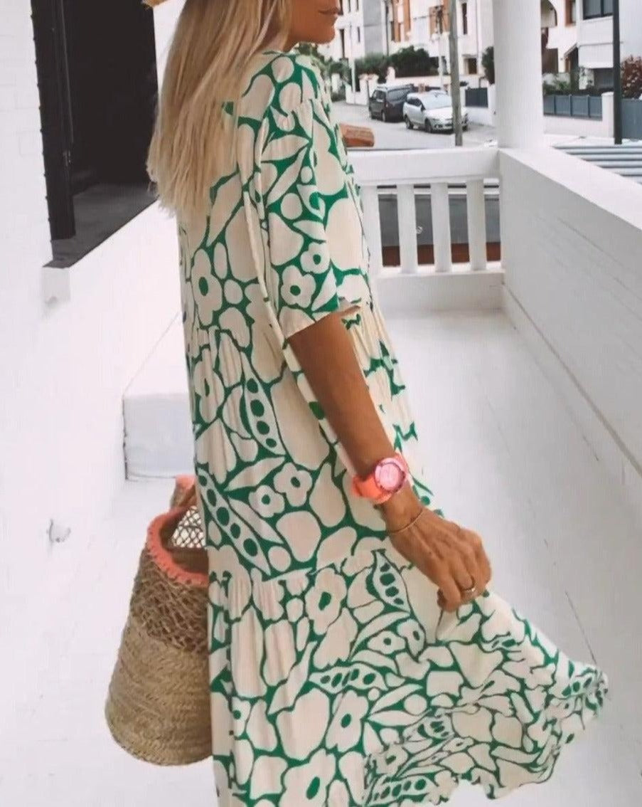 Ester Long Floral Dress Woman – Short Ruffled Sleeves & Summer Cream Green Print