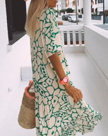 Ester Long Floral Dress Woman – Short Ruffled Sleeves & Summer Cream Green Print