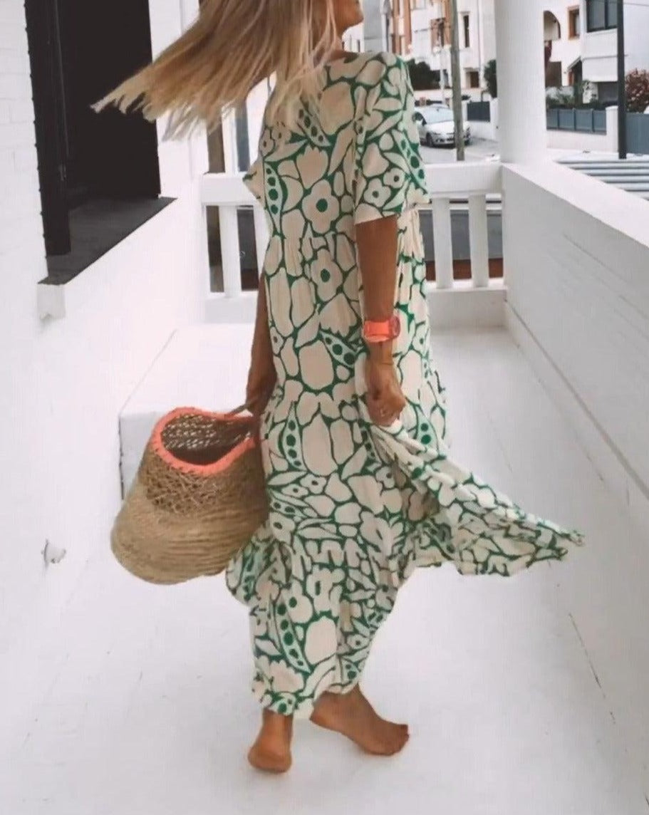 Ester Long Floral Dress Woman – Short Ruffled Sleeves & Summer Cream Green Print