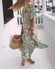 Ester Long Floral Dress Woman – Short Ruffled Sleeves & Summer Cream Green Print