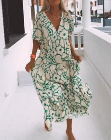 Ester Long Floral Dress Woman – Short Ruffled Sleeves & Summer Cream Green Print