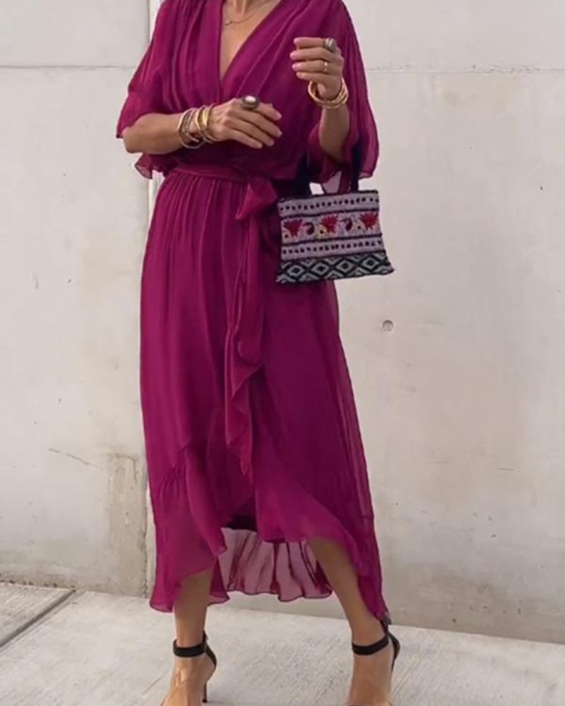 Robe Femme Cristi – Elegant Wrap Dress with Batwing Sleeves & Asymmetric Hem