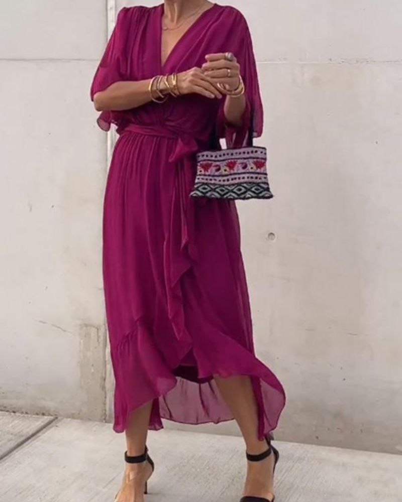 Robe Femme Cristi – Elegant Wrap Dress with Batwing Sleeves & Asymmetric Hem