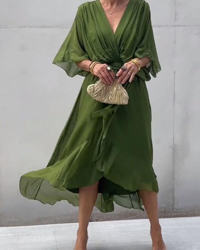 Robe Femme Cristi – Elegant Wrap Dress with Batwing Sleeves & Asymmetric Hem