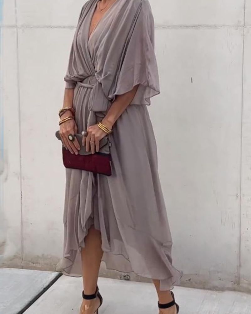 Robe Femme Cristi – Elegant Wrap Dress with Batwing Sleeves & Asymmetric Hem