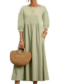 Flore Midi Dress Women – Breathable Cotton Linen, Round Neck, Lantern Sleeves, Summer Comfort